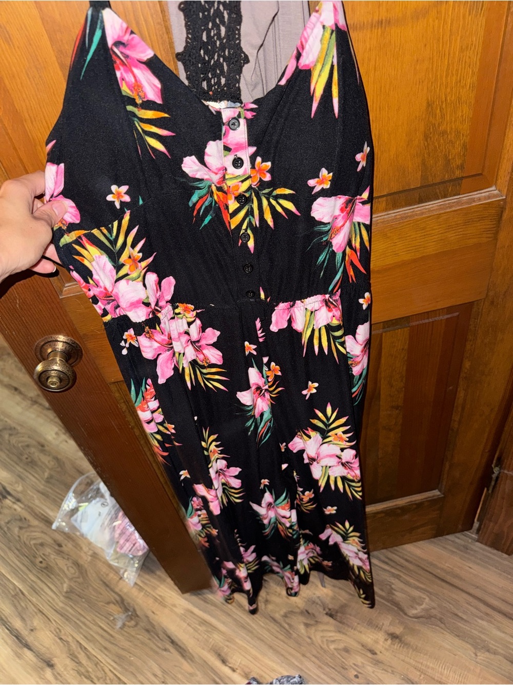 No Boundaries Black Pant Romper with Pink Floral Print